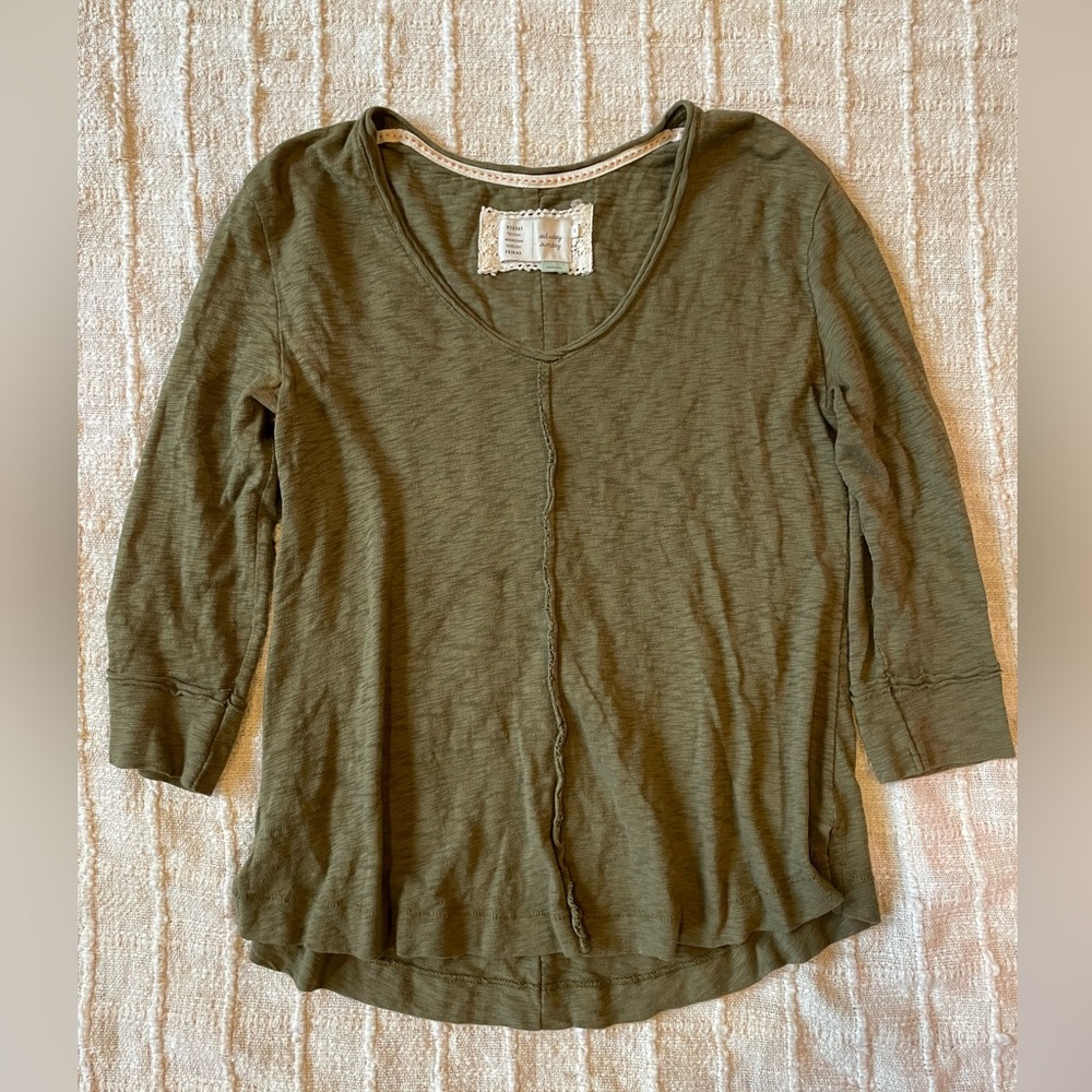 Anthropologie Olive Green 3/4 Sleeve Top - XS